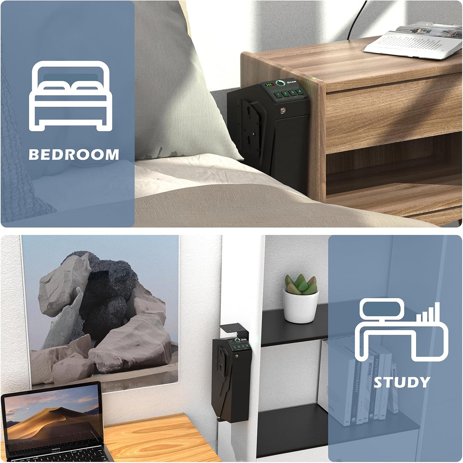 Mounted Gun Safe for Pistols,Quick-Access Handgun Pistol Safe for Nightstand Bedside Desk Bed with Biometric Fingerprint, Keypad Lock,Key