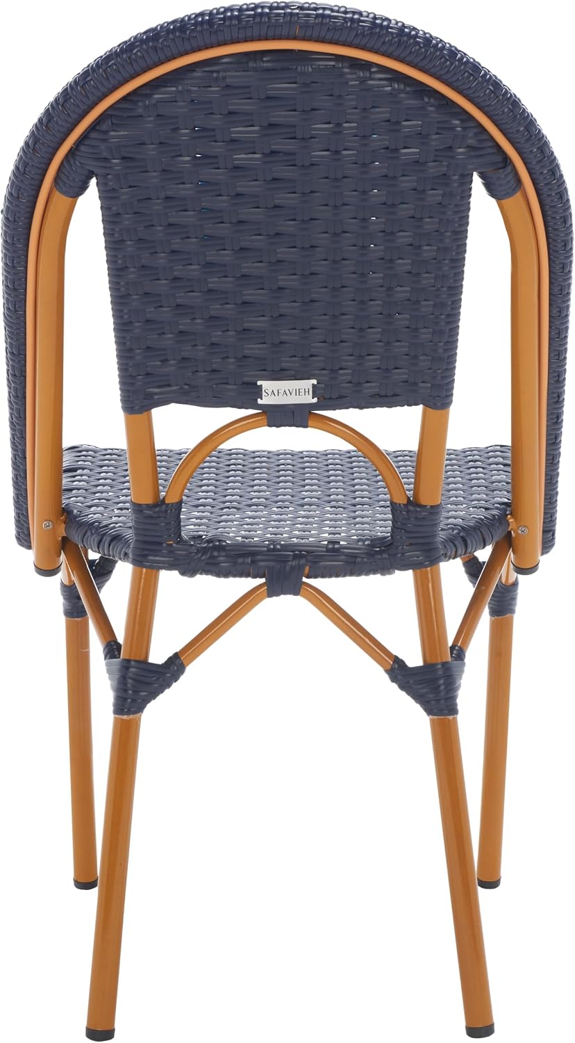 SAFAVIEH Outdoor - California Bistro Side Chair Set of 2 - Navy - Faux Wicker & Aluminum Frame - Woven Design - Ideal for Patio, Deck, Sunroom, Dining Area, 17.3" Seat Height (PAT7530B-SET2)