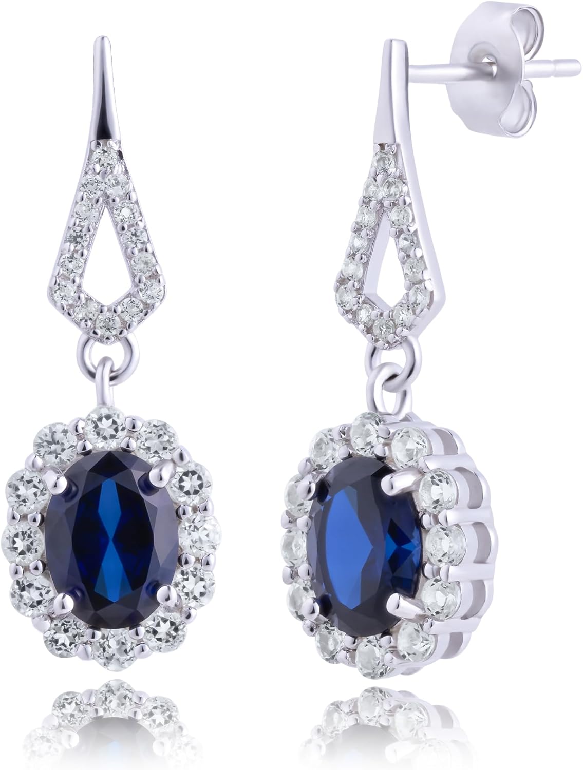 925 Sterling Silver Halo Sunburst Gemstone Oval Dangle Earrings for Women | Hypoallergenic 8x6mm Birthstone Earrings with White Topaz Accent Stones by MAX + STONE