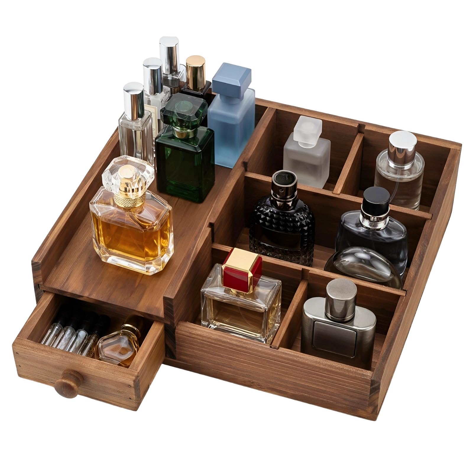 Parfüm Organizer aus Massivholz, verstellbarer Ständer mit 6 Fächern und versteckter Schublade, platzsparendes Tischtablett, eleganter Holz Organizer im Vintage Stil für Bad und Waschtisch