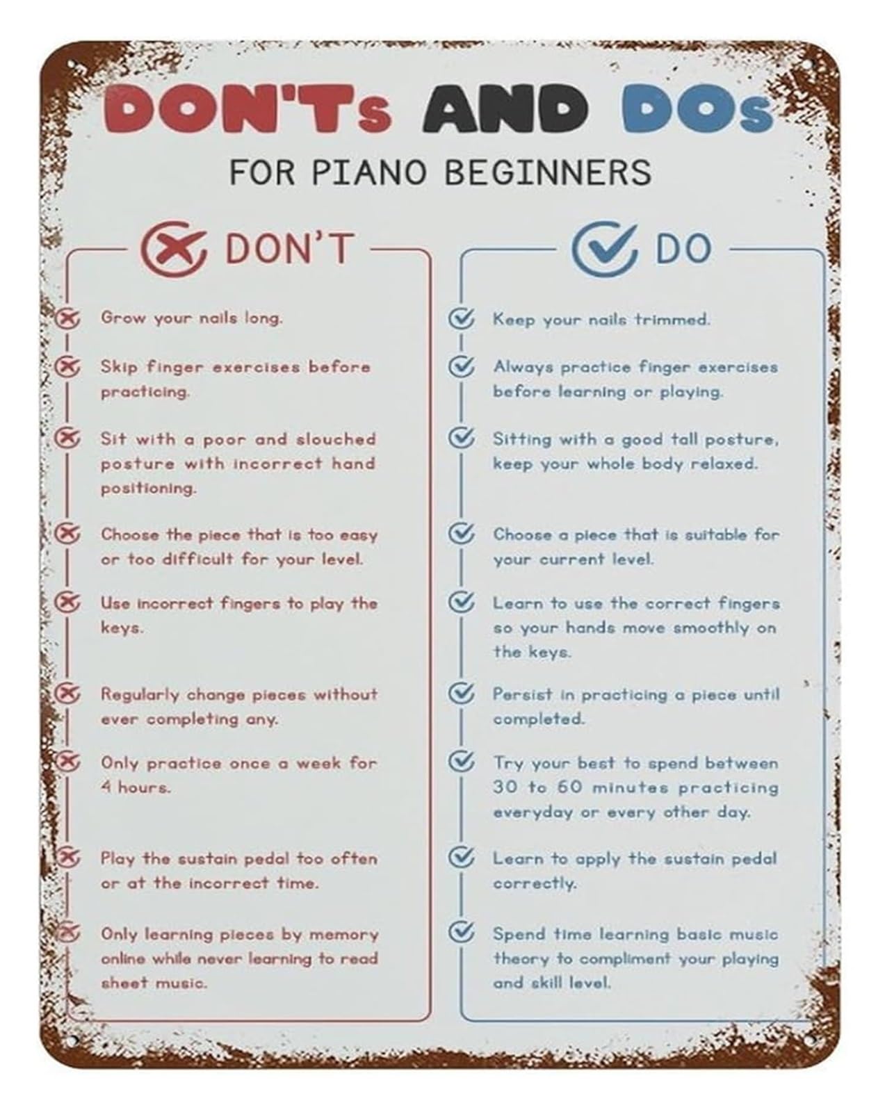 Vintage Piano Practice Guidelines Metal Sign Dos and Donts Music Theory Wall Decor Retro Tin Plaque 8 X 12 Inch