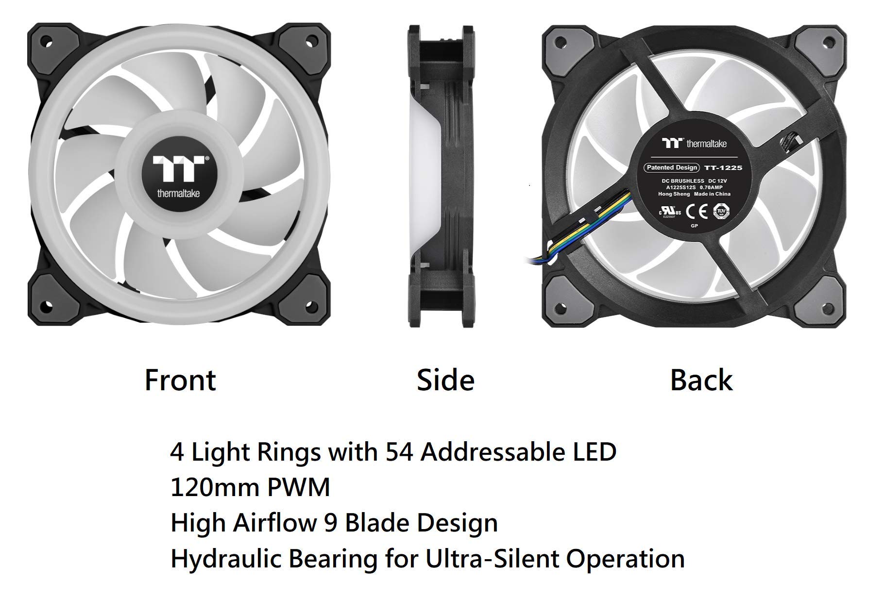 Thermaltake Riing Quad CL-F089-PL14SW-B - Ventola per radiatore, 4 anelli luminosi, 16,8 milioni di colori RGB (Alexa, Razer Chroma), con 54 LED indirizzabili, 9 pale, confezione da 3
