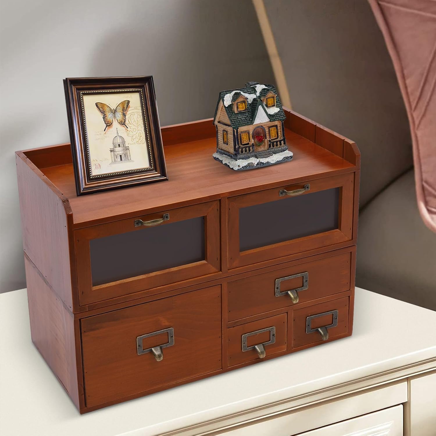 Bathrena 6-Drawer Desktop Organizing Cabinet, Supplies Organizer, Vintage Pine Wood Storage with Acrylic Door, Organizer Desk Drawers for Living Room Office, 22 lbs Capacity, 18.5x8.7x12.6 in, Brown