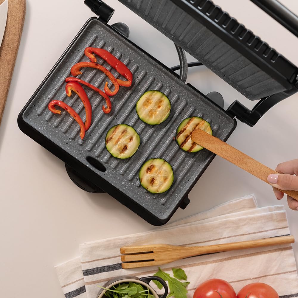 Cecotec Elektrischer Kontaktgrill Rock'Ngrill Dark 1000 Pro. 1000 W, RockStone Antihaftbeschichtung, PTFE und PFOA Frei, Fettwanne, Schwimmende Platte, 25,4x17,5 cm Kochfläche und LED Anzeige