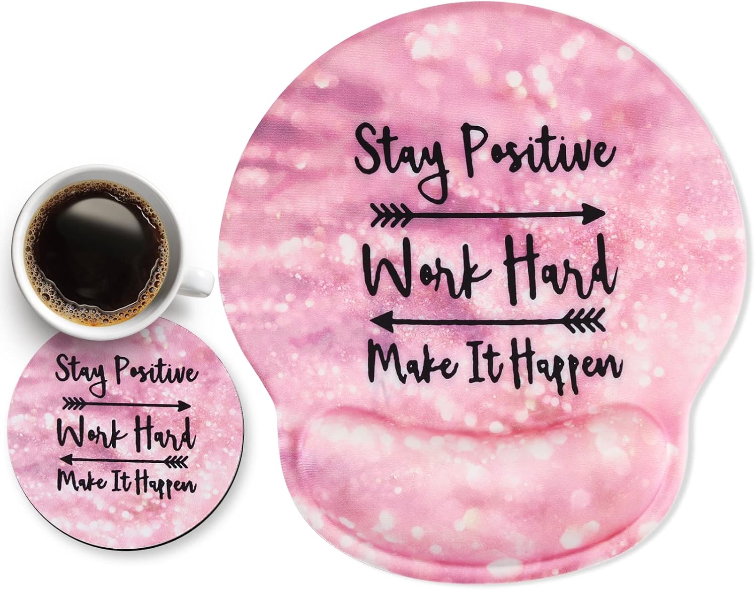 DINKY Ergonomic Mouse Pads, Cute Mouse Pad with Wrist Rest Support Gel, Non-Slip PU Base Mouse Mat with Memory Foam for Home, Office and Gaming, Easy Typing & Pain Relief (Pink Stay Positive)