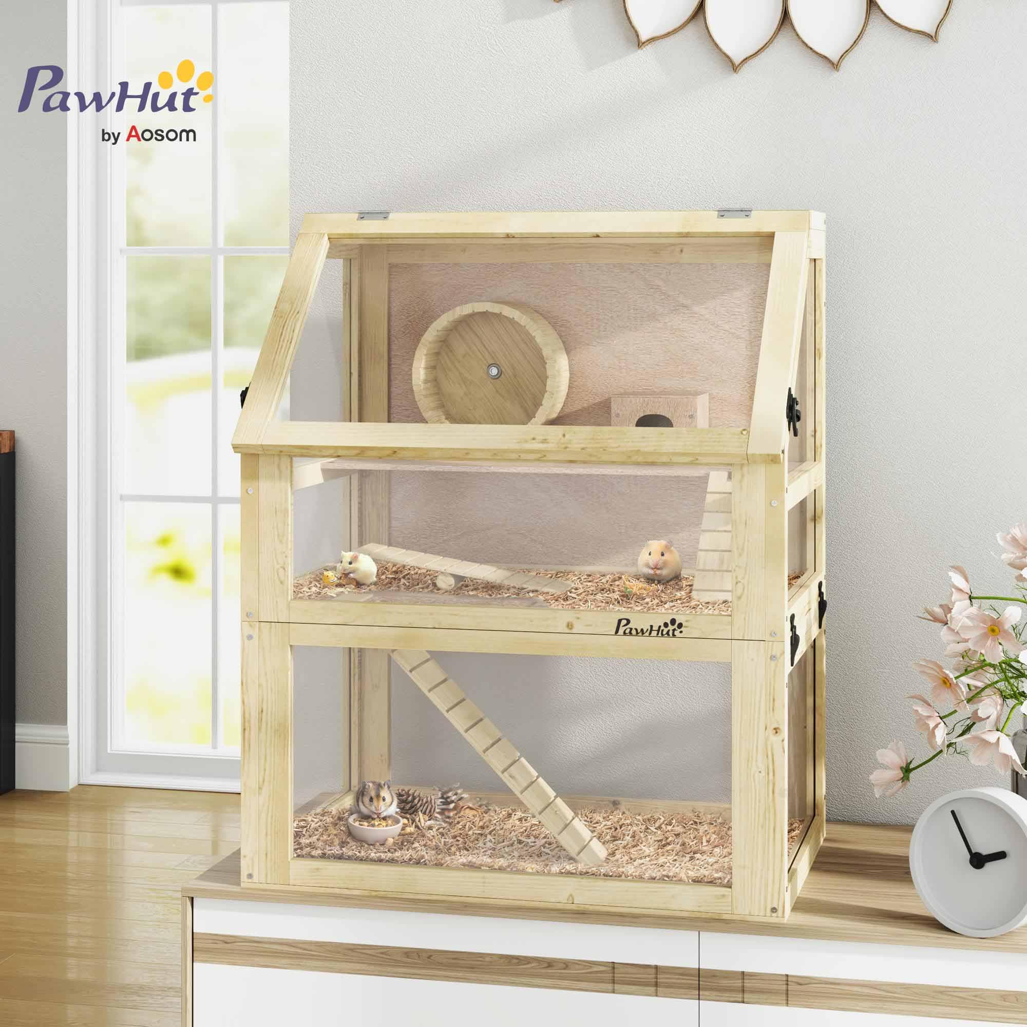 PawHut Jaula de madera para hámster, jaula de jerbo de 3 niveles con fondo desmontable de 32 cm de profundidad, cabaña, balancín, rueda de ejercicio, rampas, acabado de madera natural