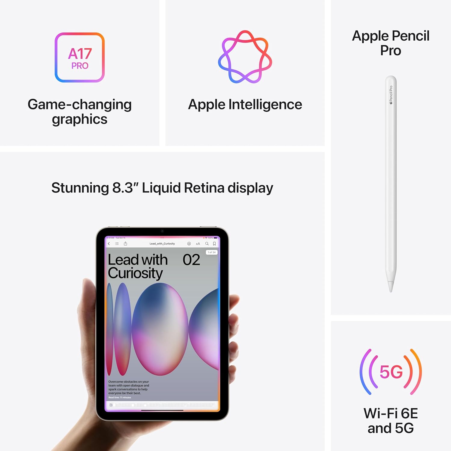Apple iPad mini (A17 Pro): Apple Intelligence, 8.3-inch Liquid Retina Display, 256GB, Wi-Fi 6E + 5G Cellular, 12MP Front/12MP Back Camera, Touch ID with AppleCare+ (2 Years) — Purple