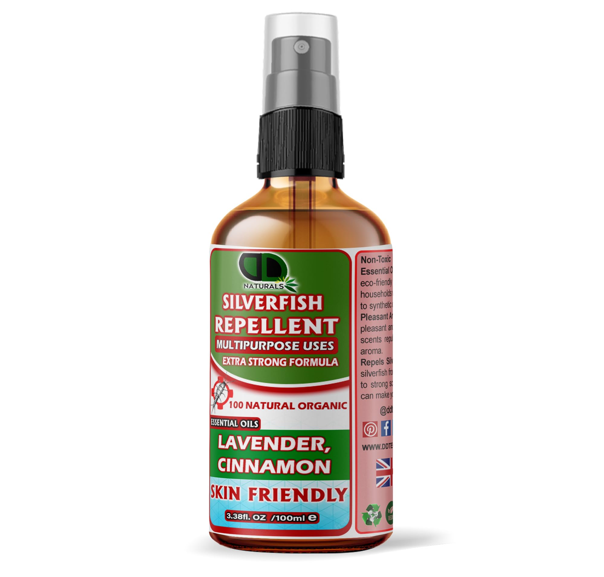 DD Teck Silverfish Repellent with Lavender & Cinnamon Oils – Natural Crawling Insect Deterrent for Home, Wardrobe, Cabinets & Storage – Long Lasting, Non-Staining (100ml Glass Spray)