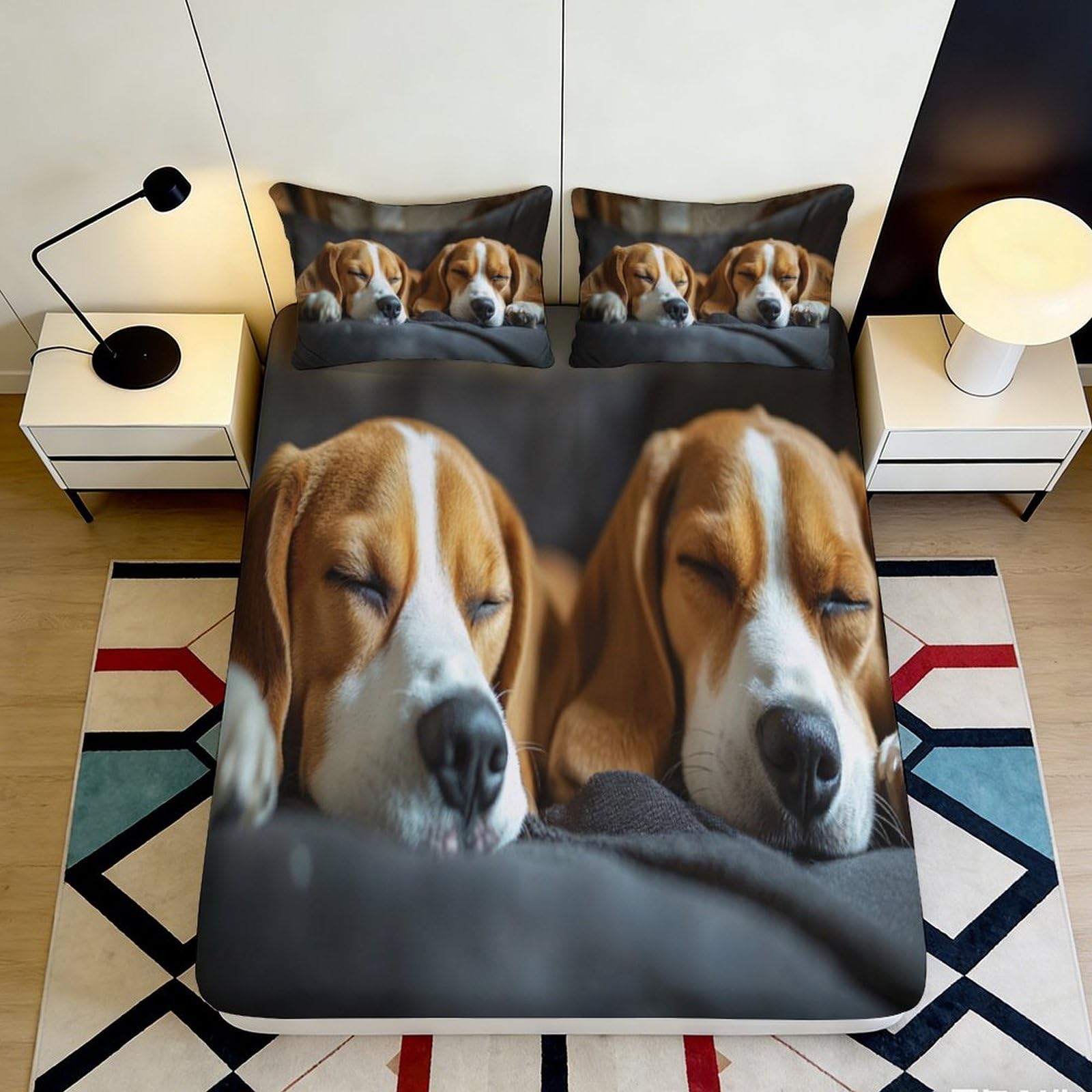 3D Printed Sleeping Beagle Fitted Sheet Microfiber Soft Breathable Puppy Bed Cover for Bedroom Guest Room Dorm Decor 90x200x25cm