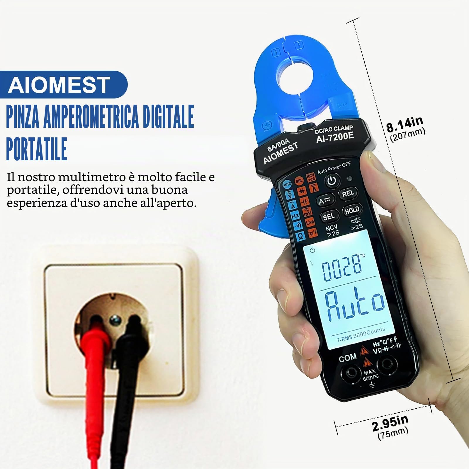 AIOMEST Multimetro Digitale Tester Portatile, 6000 Conta RMS Reali Multimetro a Pinza, Corrente e Tensione AC DC, Autoranging, NCV, Resistenza, Diodo, Test di Continuità, Capacità, AI-7200E