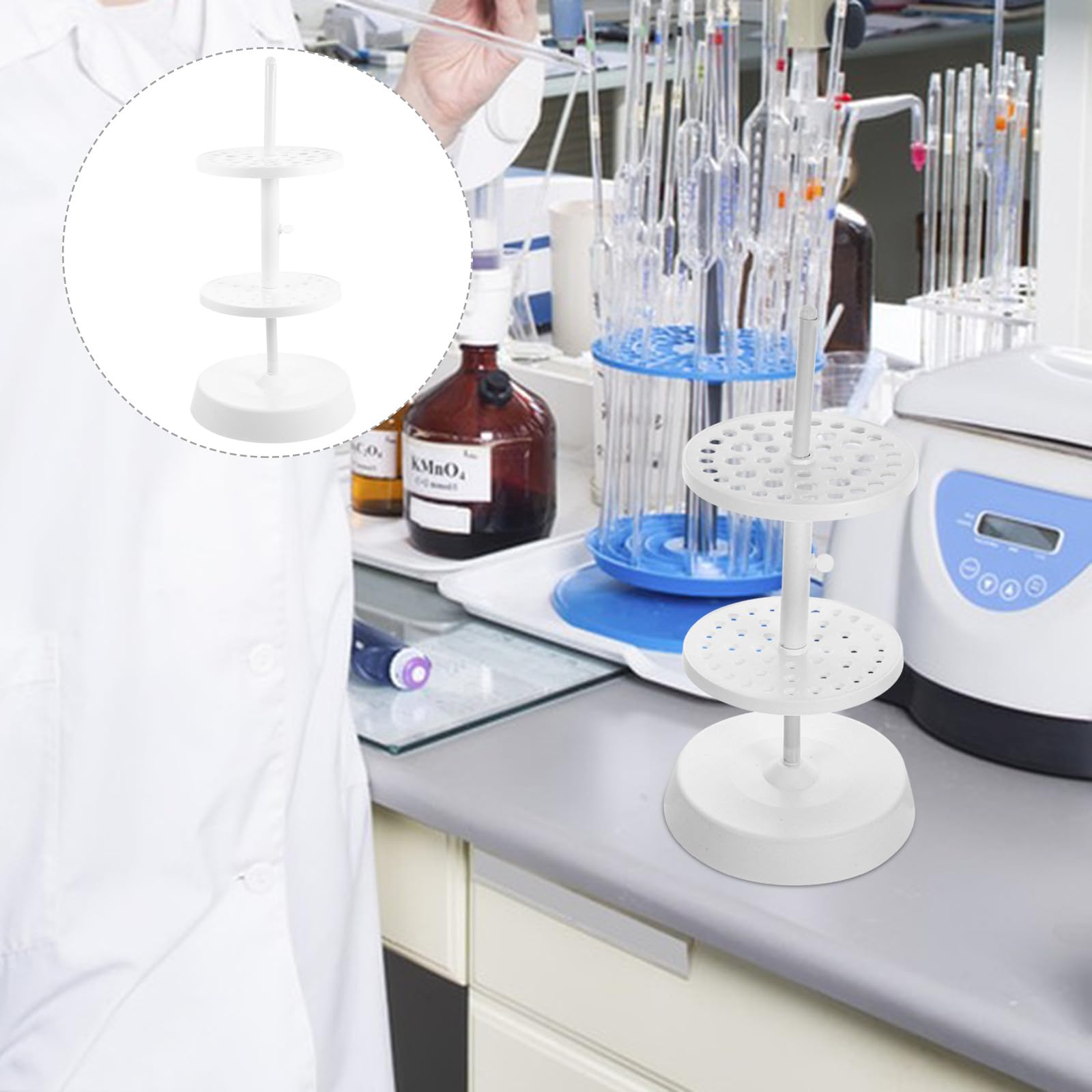 Supporto per Pipette da Laboratorio in Plastica Bianco Struttura Stabile e Girevole, Porta Pipette Rotondo per Uso in Laboratorio Scientifico
