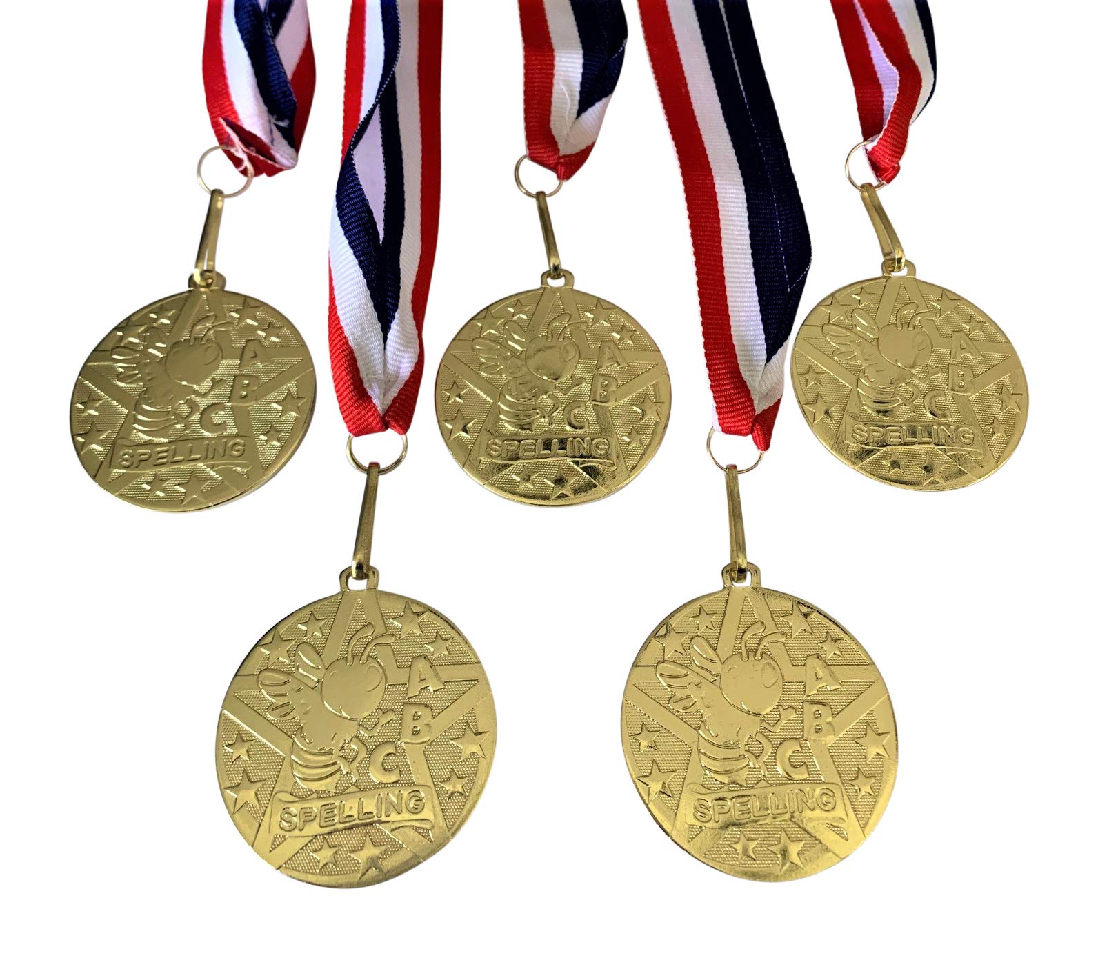 Express Medals 5-Pack 2 inch Diameter Die-Stamped Solid Metal Spelling Bee Medal with a Detailed Bright Gold Color Finish, and a Red White and Blue Neck Ribbon.