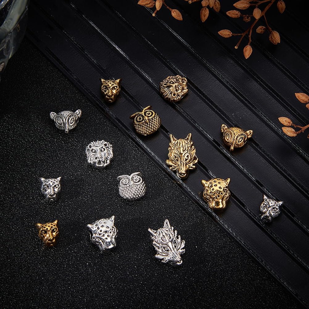 Pandahall Lot De 48 Perles D'espacement En Alliage De Style Tibétain En Forme De Tête D'animal - 8 Styles - Perles D'espacement En Vrac - Dragon Lion, Éléphant, Loup - Pour Homme