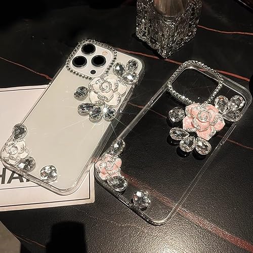 Miniatura 8 de Funda compatible con iPhone 15 Pro Max con diamantes de imitación con purpurina y flor de camelia para niñas y mujeres, bonita gema brillante 3D de