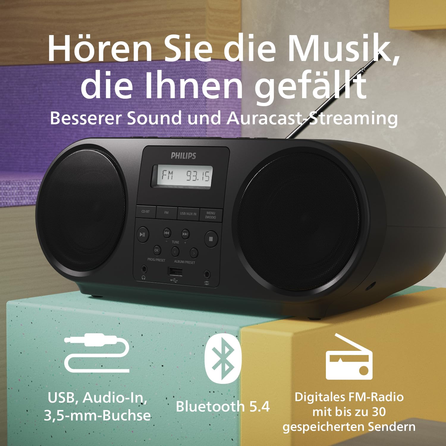 Philips TAZ5000 Multifunktions-CD-Spieler mit FM-Radio, Bluetooth 5.4, USB, Batterie/Netzstrom, Dynamic Bass, recycelte Materialien und 3,5 mm Kopfhörerbuchse
