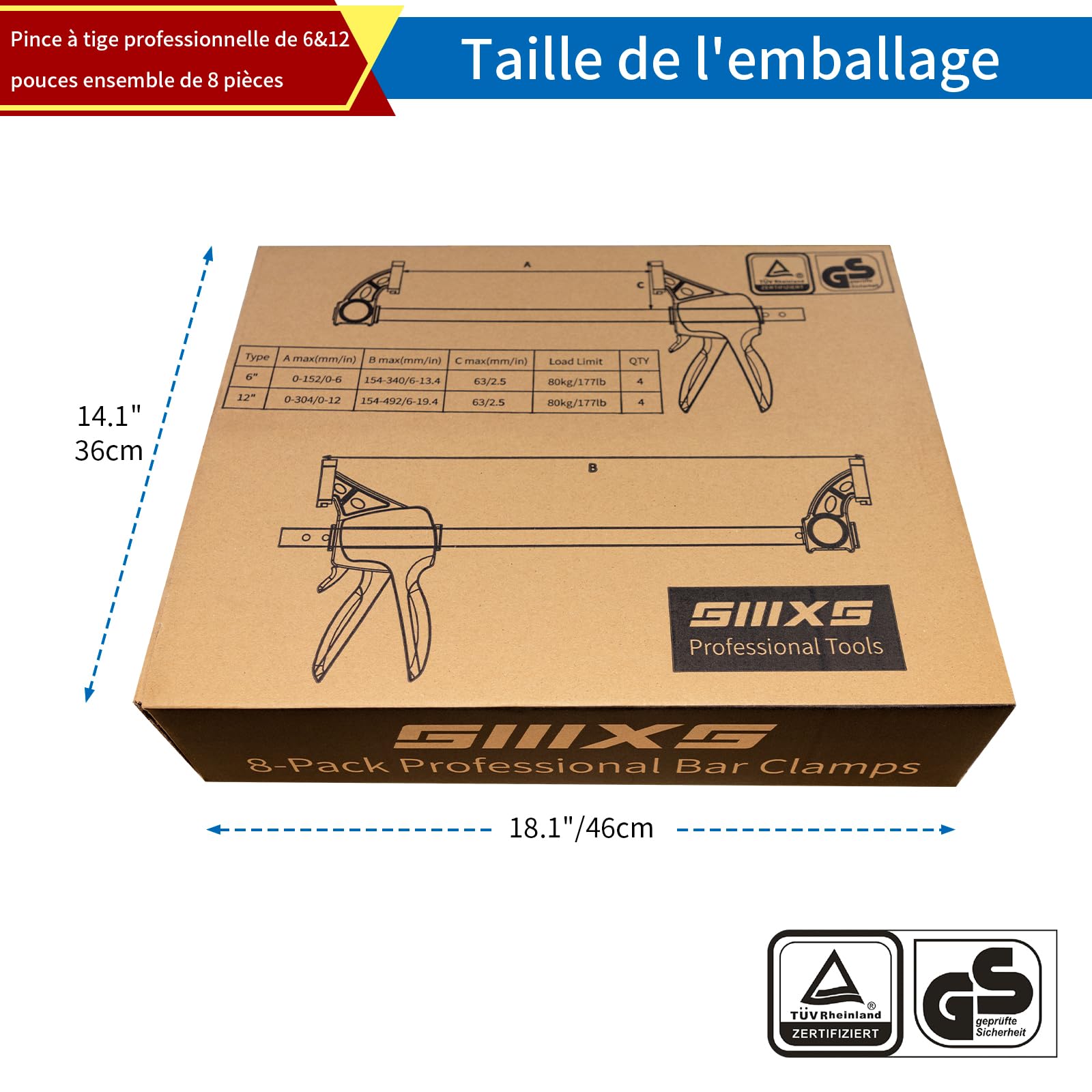 Lot de 8 serre-joints à une main Force de serrage 80 kg Envergure 152mm 4 classiques et 304mm 4 classiques serre-joints pour une fixation précise et le travail du bois avec certificat GS