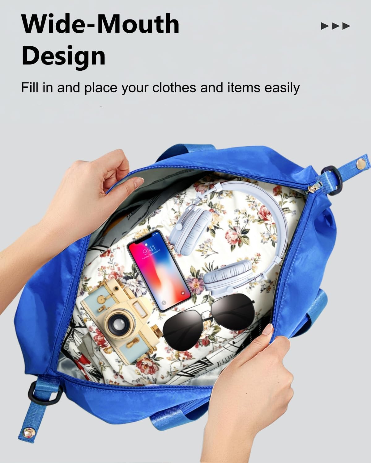 Stylish Women's Foldable Travel Duffel Bag, 40L Personal Item Travel Bag Flight Approved with Wet Pocket, Lightweight Carry On Overnight Tote for Travel, Gym, Weekend Getaway (Blue)