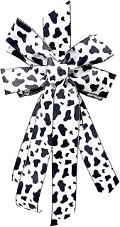 Meseey 10x20 Inch Black and White Cow Print Wired Edge Ribbon Bow, Pre-Made Farmhouse Cow Print Bow with Wired Ribbon for Christmas Tree, Wreaths, Door Decor, Gift Wrapping, Party Supplies