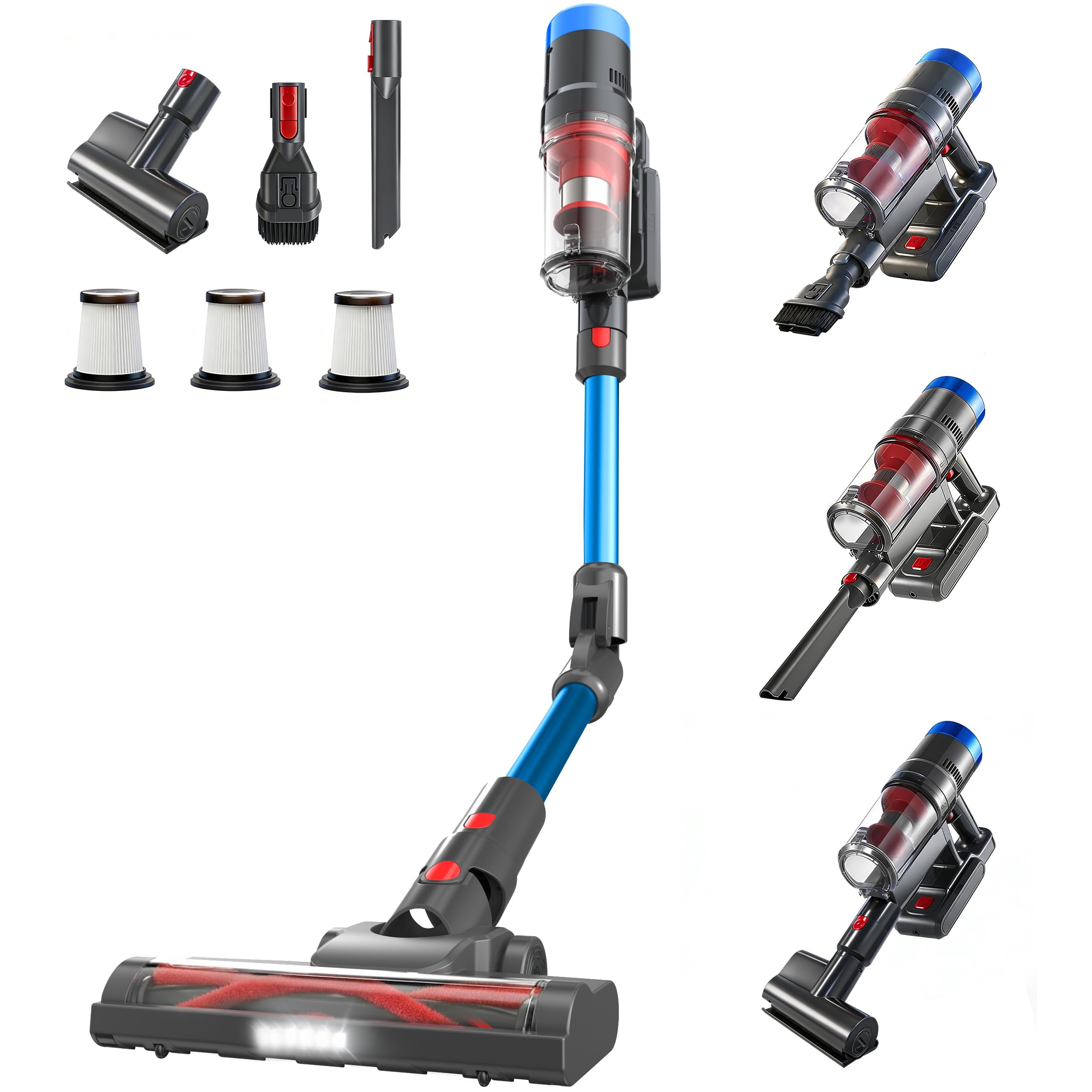 Aspirapolvere Senza Fili 250W, Scopa Elettrica con Autonomia fino a 60 Min, 3 Modalità di Aspirazione, Filtro HEPA ad Alta Efficienza, Spazzola Antiacaro LED, per Peli di Animali, Tappeti, Pavimenti