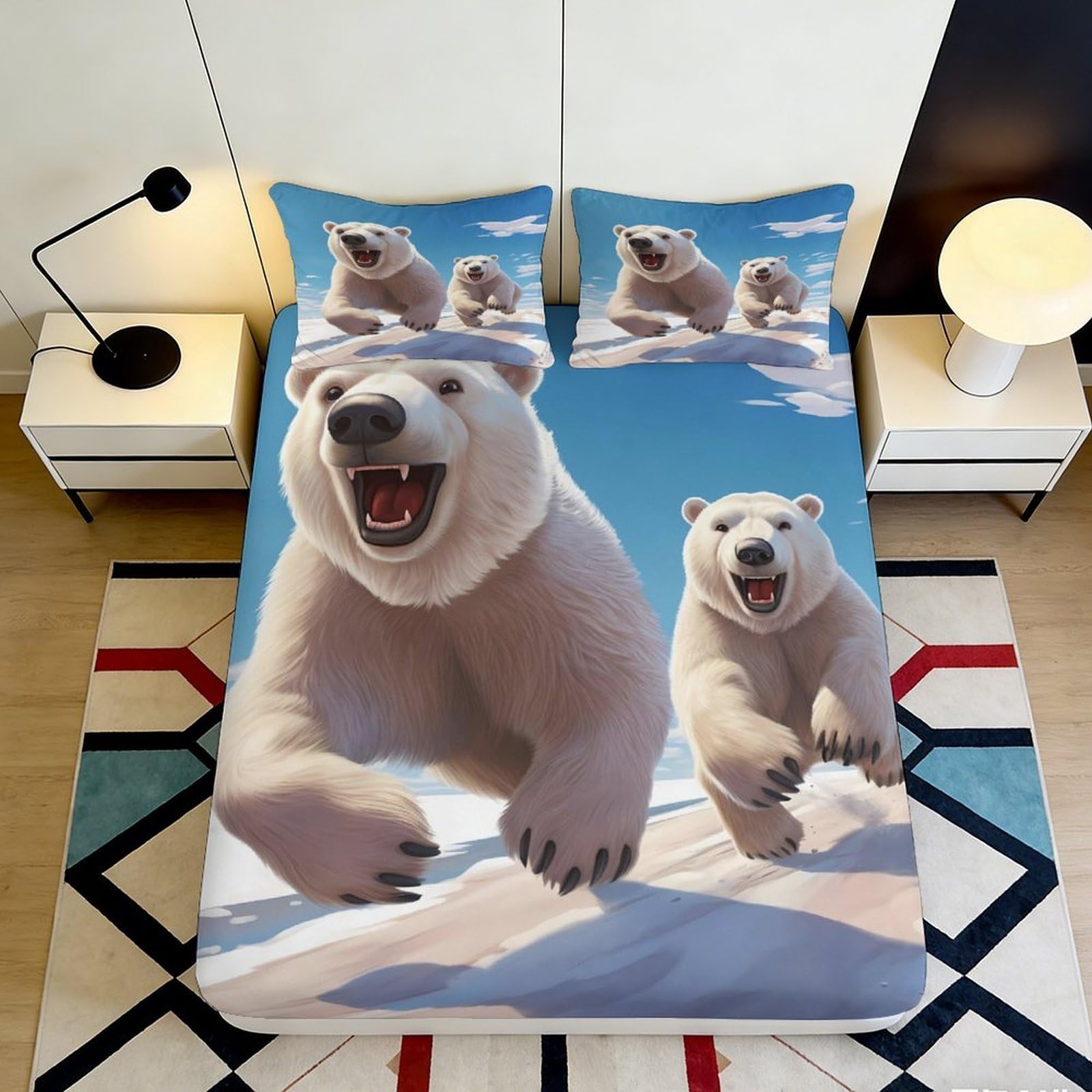 3D Printed Polar Bear Snow Scene Fitted Sheet Microfiber Soft Mattress Cover for Bedroom Dorm Room Bed Decor 180x200x25cm