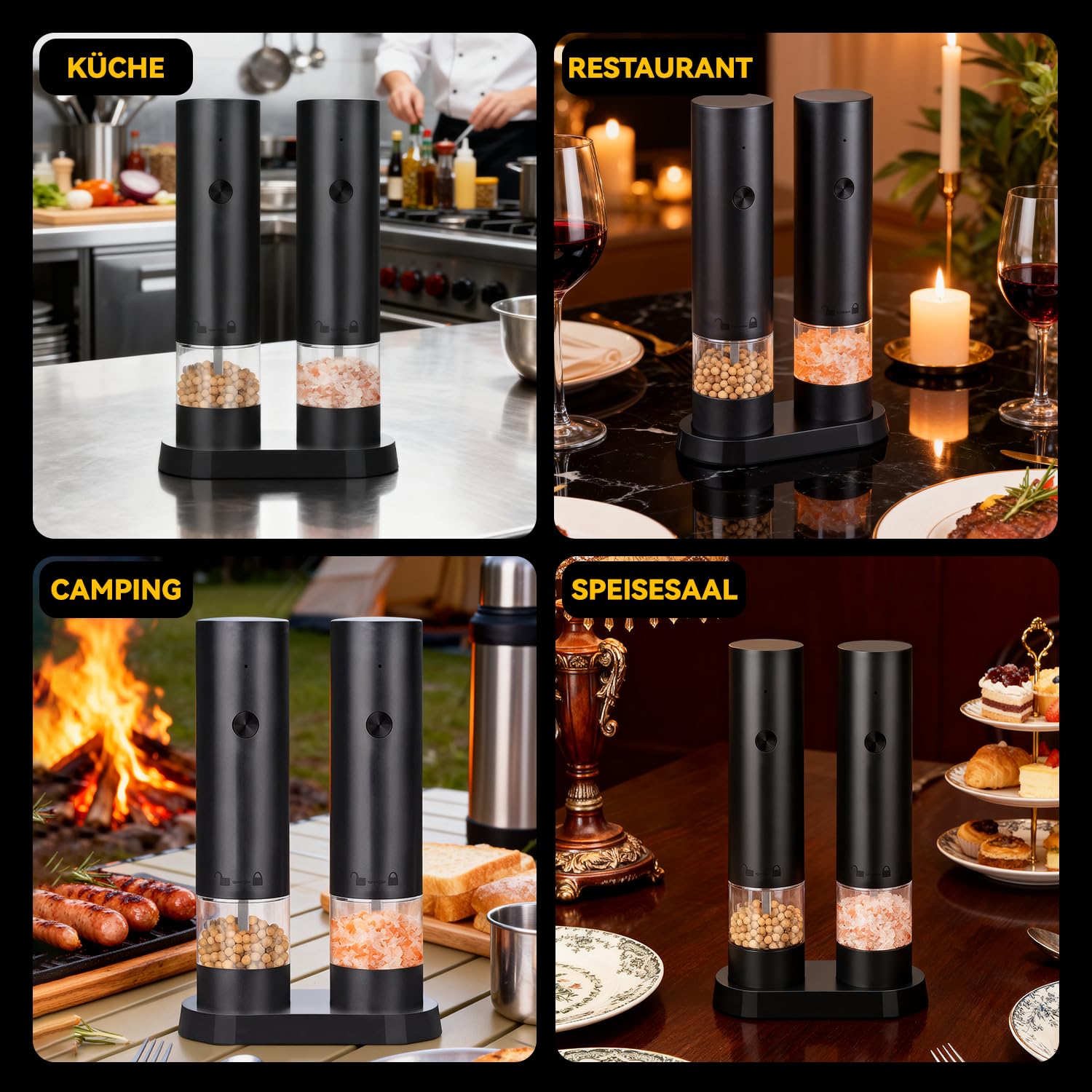 Salt and Pepper Mills Shakers Electric Set of 2, Automatic Rechargeable Spice Grinder with Base, Adjustable Coarseness and Washable Transparent Container, Christmas Gifts for Women