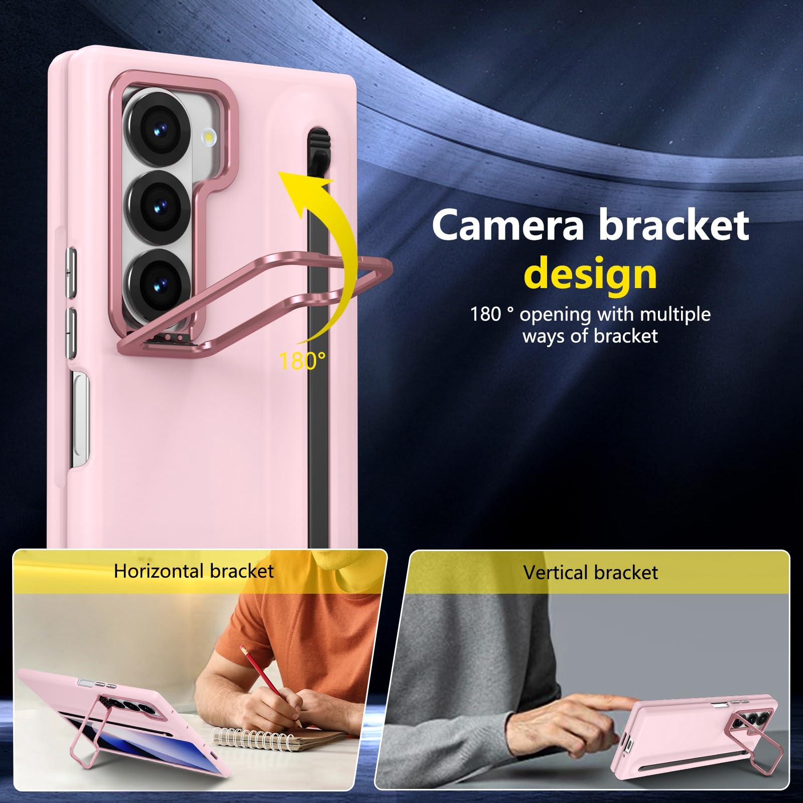 Custodia per Galaxy Z Fold6 con penna stilo, cover per Fold6 con supporto + slot per S Pen, pellicola protettiva frontale per Samsung Galaxy Z Fold6 con supporto pieghevole-Rosa