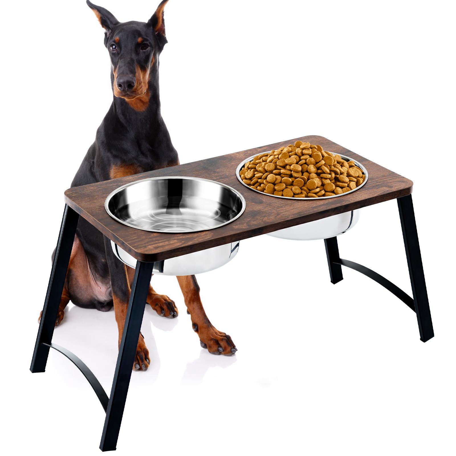 Elevated Dog Bowls for Medium and Large Dogs Wood Raised Bowl Stand with Two 1700ML (58oz) Stainless Steel Dog Food and Water Bowls,Non-Slip