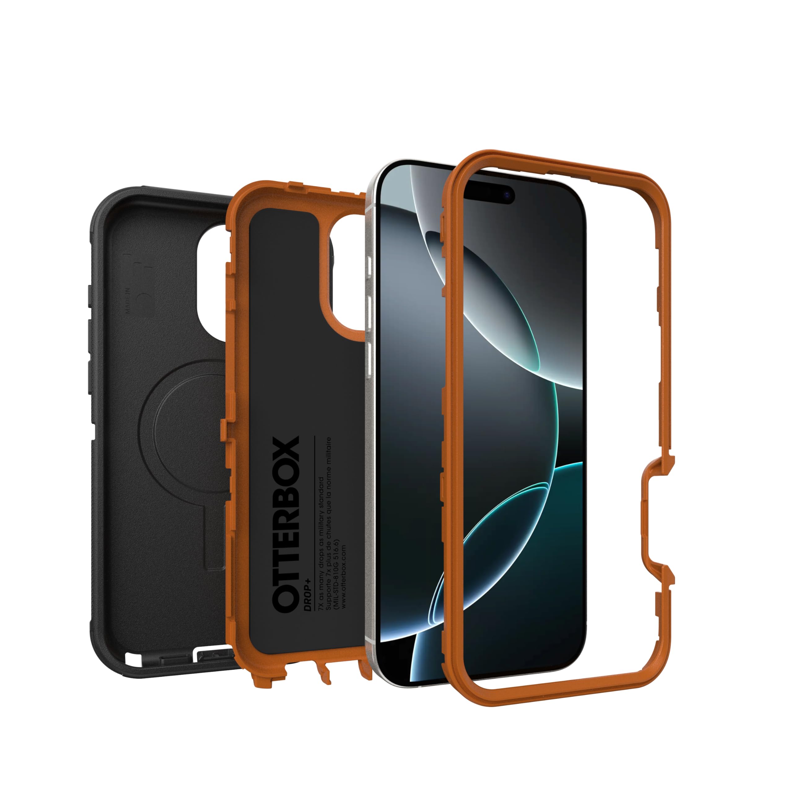 OtterBox Defender Series MagSafe - Carcasa para iPhone 16 Pro MAX (Solamente) - Iron Eclipse (Negro y Naranja) - Imanes incorporados - Sin Pantalla - Resistente y Duradera - con protección de Puerto