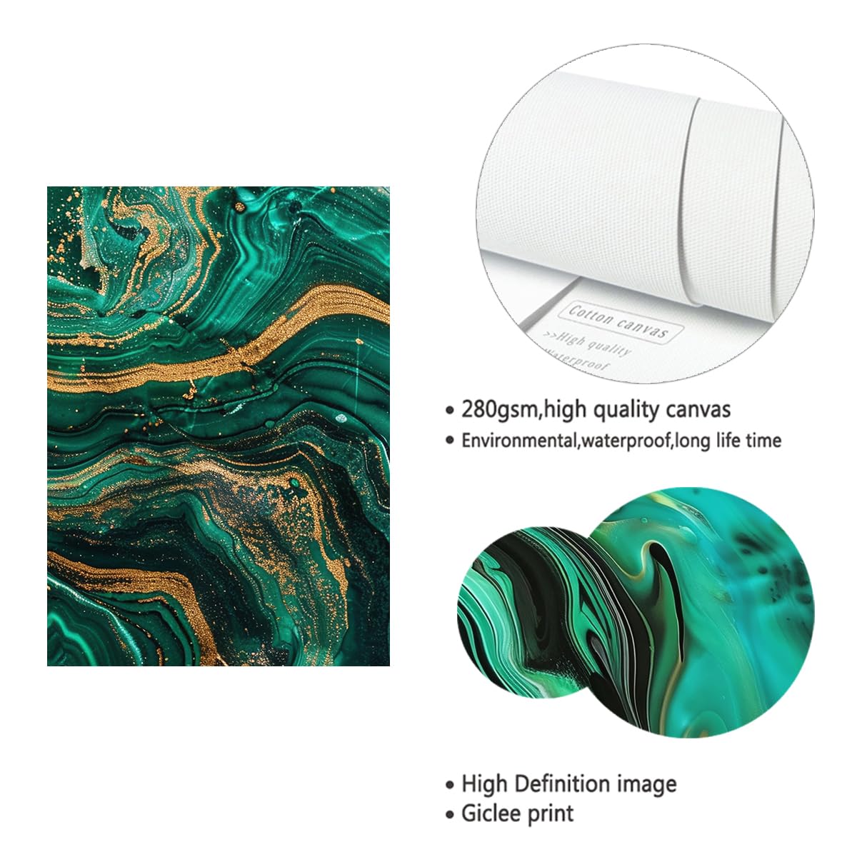 Verde esmeralda y oro arte mural abstracto decoración salón 40x60cmx3