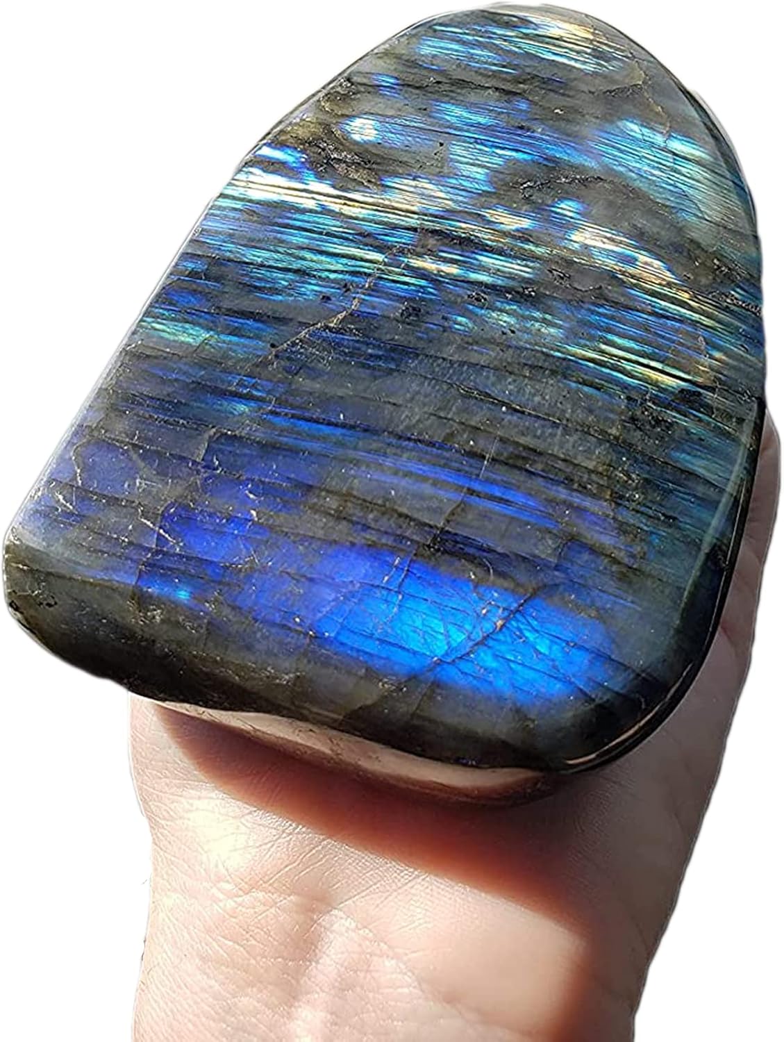 JIC Gem Class 1 Labradorite Palm Stone Crystal, Polished Healing Pocket Worry Stone for Anxiety Stress Relief 1.5-1.8lb