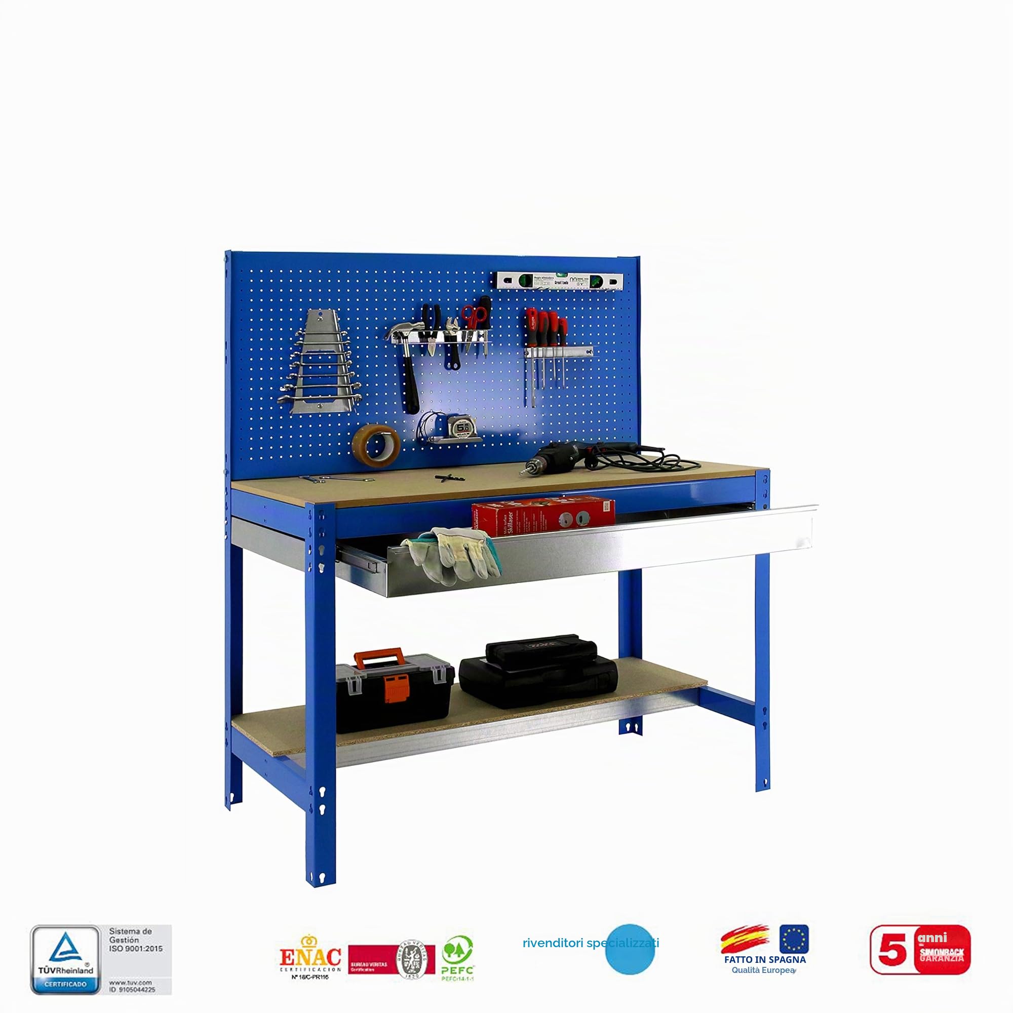Simon Rack Banco da lavoro per officina, capacità di carico 600 kg, 1445x1210x610 mm, Pannello Forato, Tavolo da lavoro fai da te, Blu/Legno - BT2
