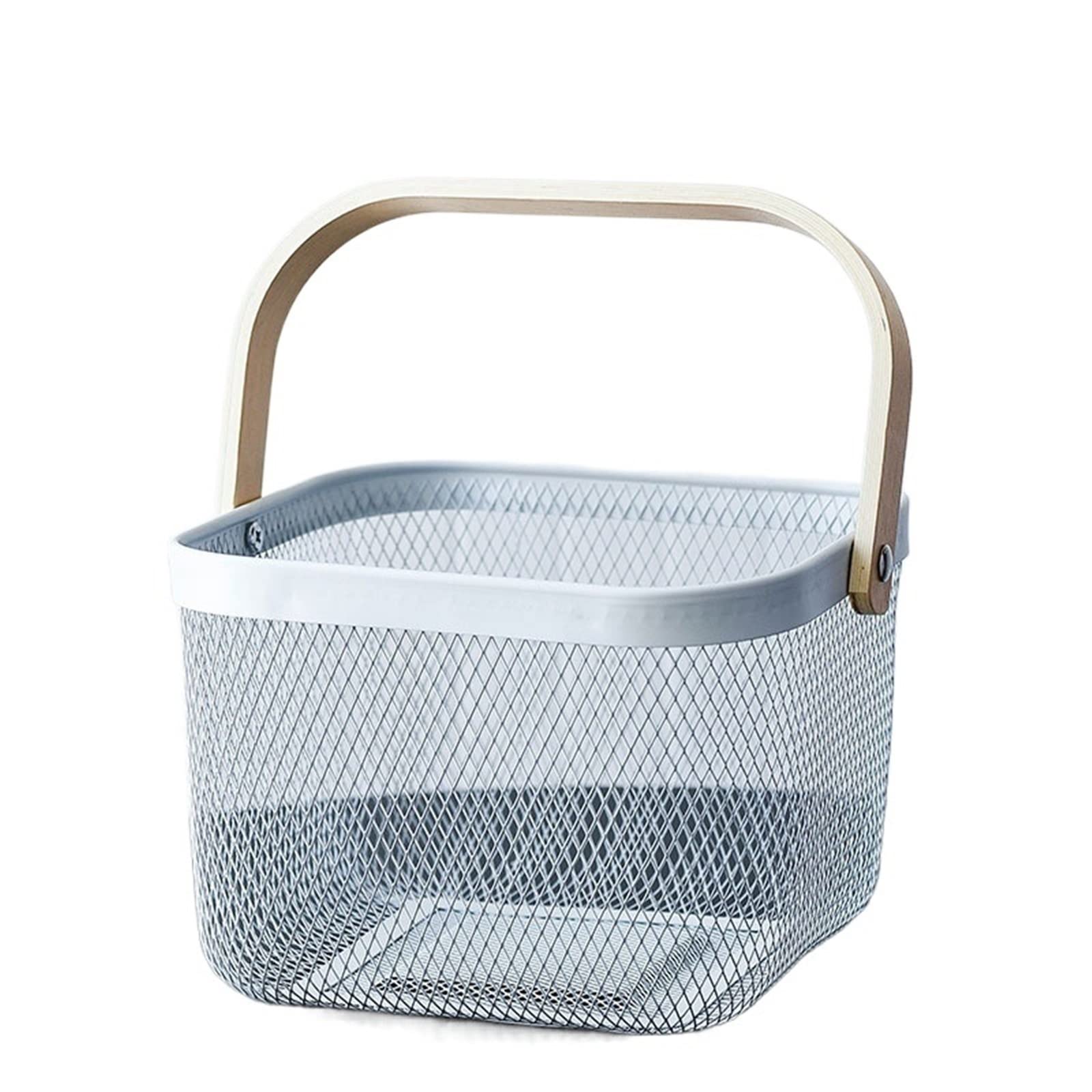 JINGYAN Storage Boxes Fruit Basket Vegetable Storage Box with Wooden Handle Mesh Kitchen Snack Container Organization Bins Makeup(White)