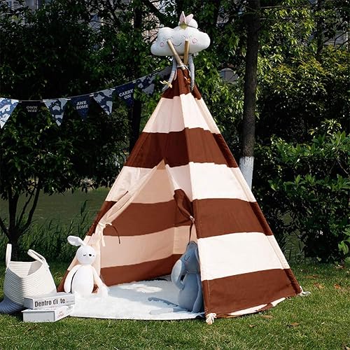 Modern Home - Juego de tepee de lona para niños con funda de viaje diseño de rayas color marrón y blanco