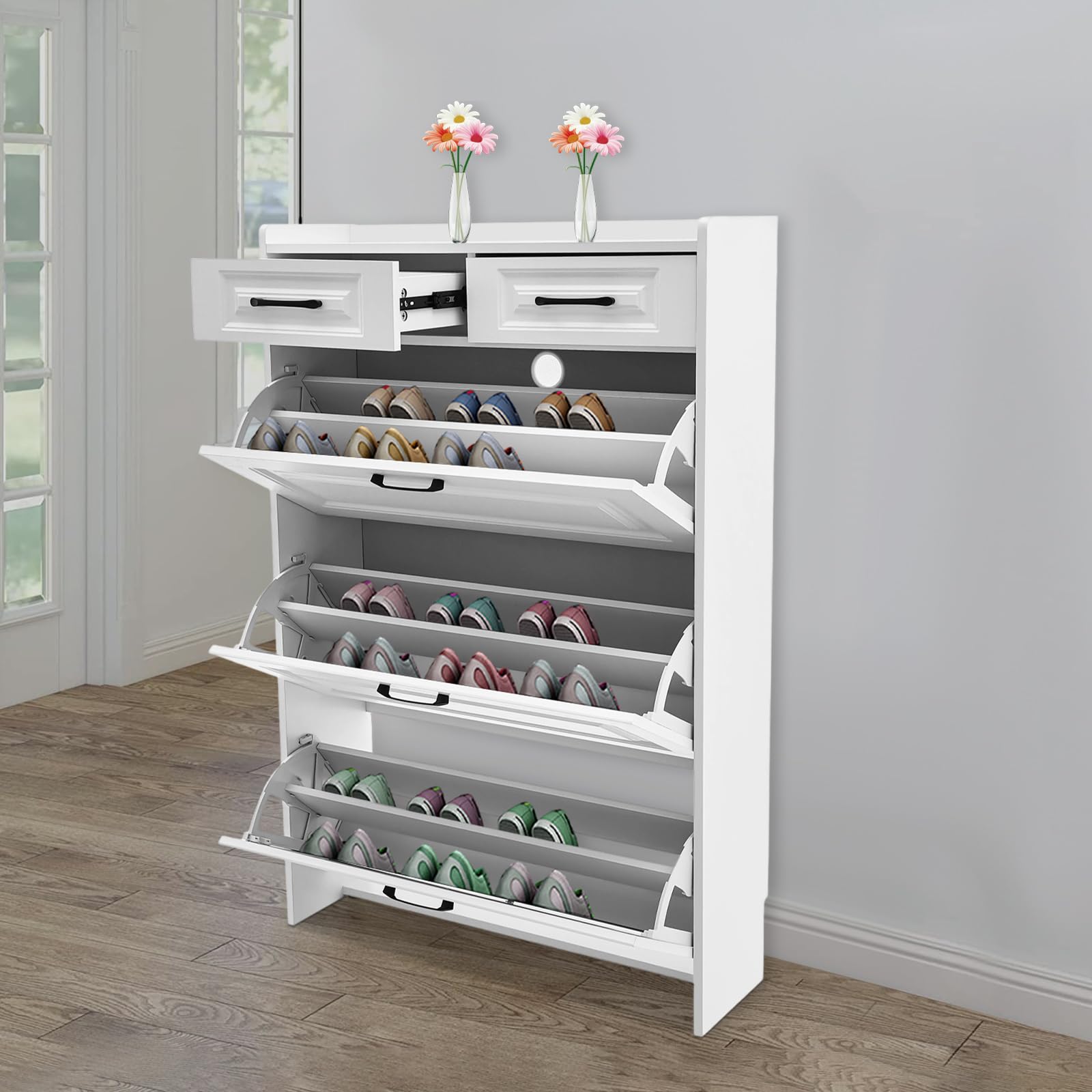 Wolnostojąca szafka na buty 80 x 24 x 120 cm, uchylna szafka na buty z 2 szufladami i 3 przegródkami z klapką, wąski organizer na buty do przedpokoju i wejścia, na 16-20 par butów (biała)