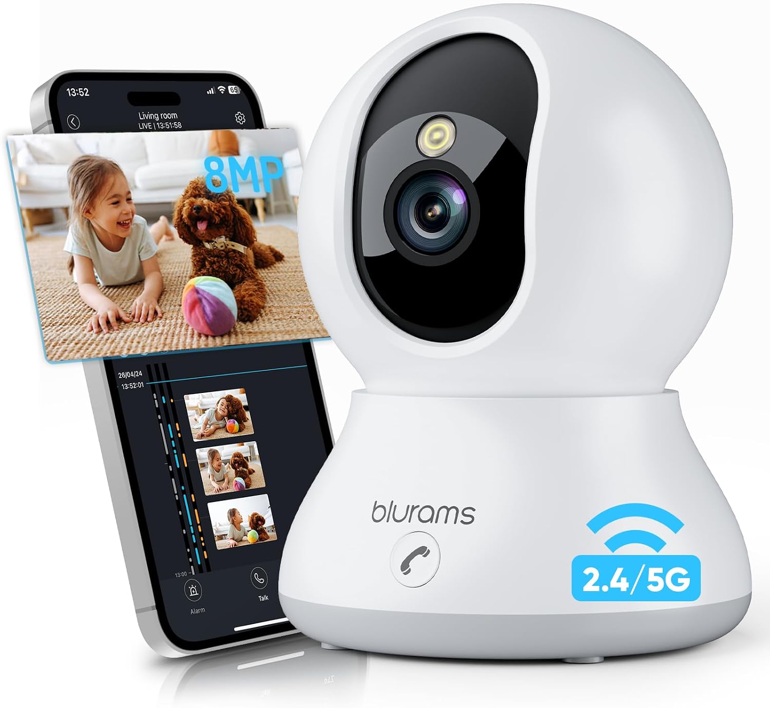 blurams 8MP Indoor Camera, 360° PTZ Baby Monitor, Pet Camera with Phone App, One-Touch Call, Free Human/Pet/Motion/Sound/Cry Detection, Dual-Band WiFi 6, Work with Alexa