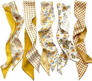 5 Pcs Silk Scarf Hair Scarf Head Scarf Satin Scarf Hair Ribbon Neck Scarf Purse Scarf Yellow Sunflower Geometry Checkerboard Polka Dots Scarfs for Women Hair Chic Handbag Handle Purse Fashion Gifts