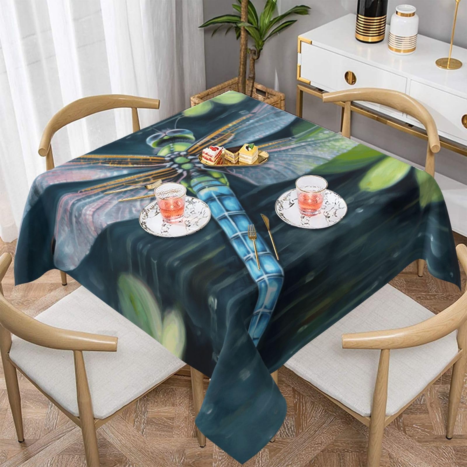 WPKJU Dragonfly Painting Printed Square Tablecloth 54x54 inch Water Resistant Table Cover Washable Rectangle Table Cloth for Dining Tables