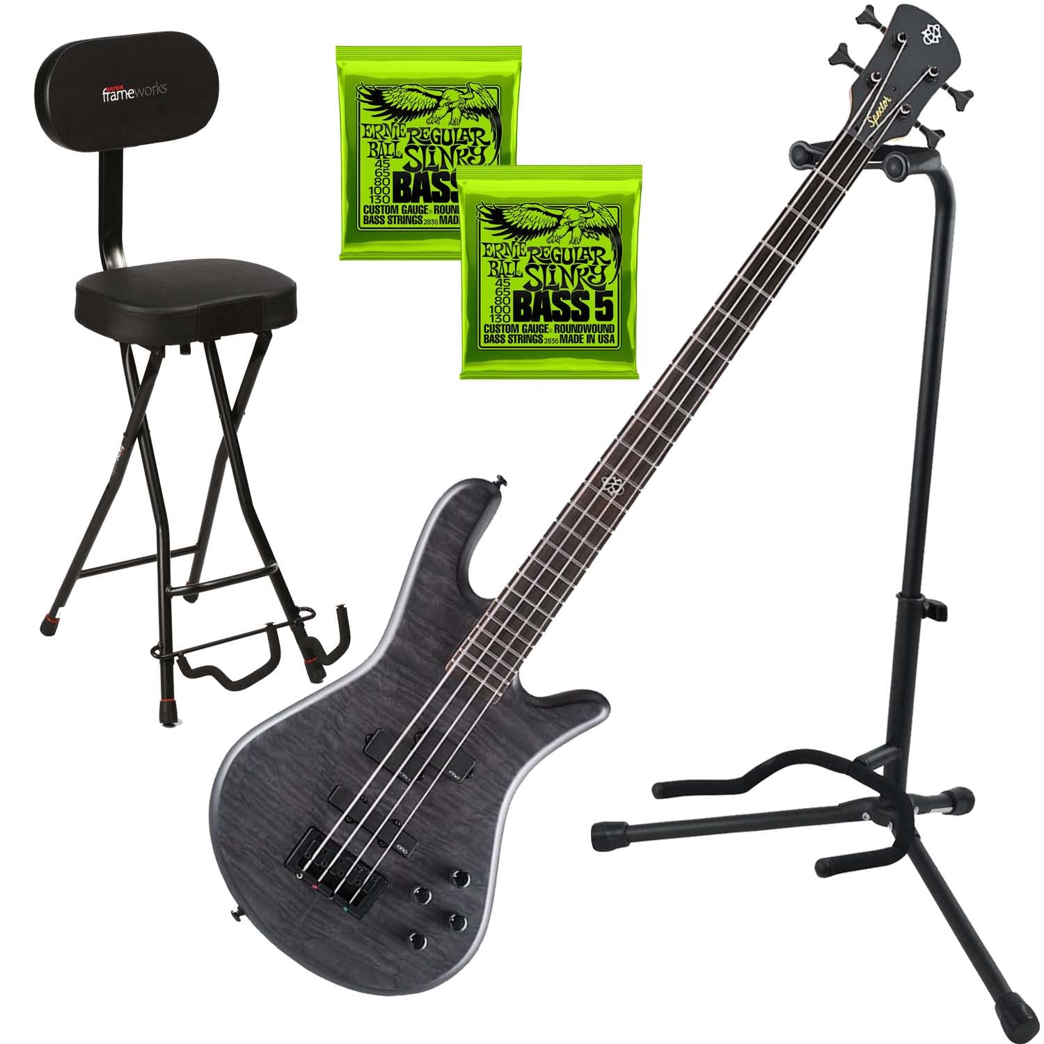 Spector NS Pulse II 4 Bass Guitar – Black Stain Matte, (2) EBall 2836, Gator SEAT and Stand Bundle