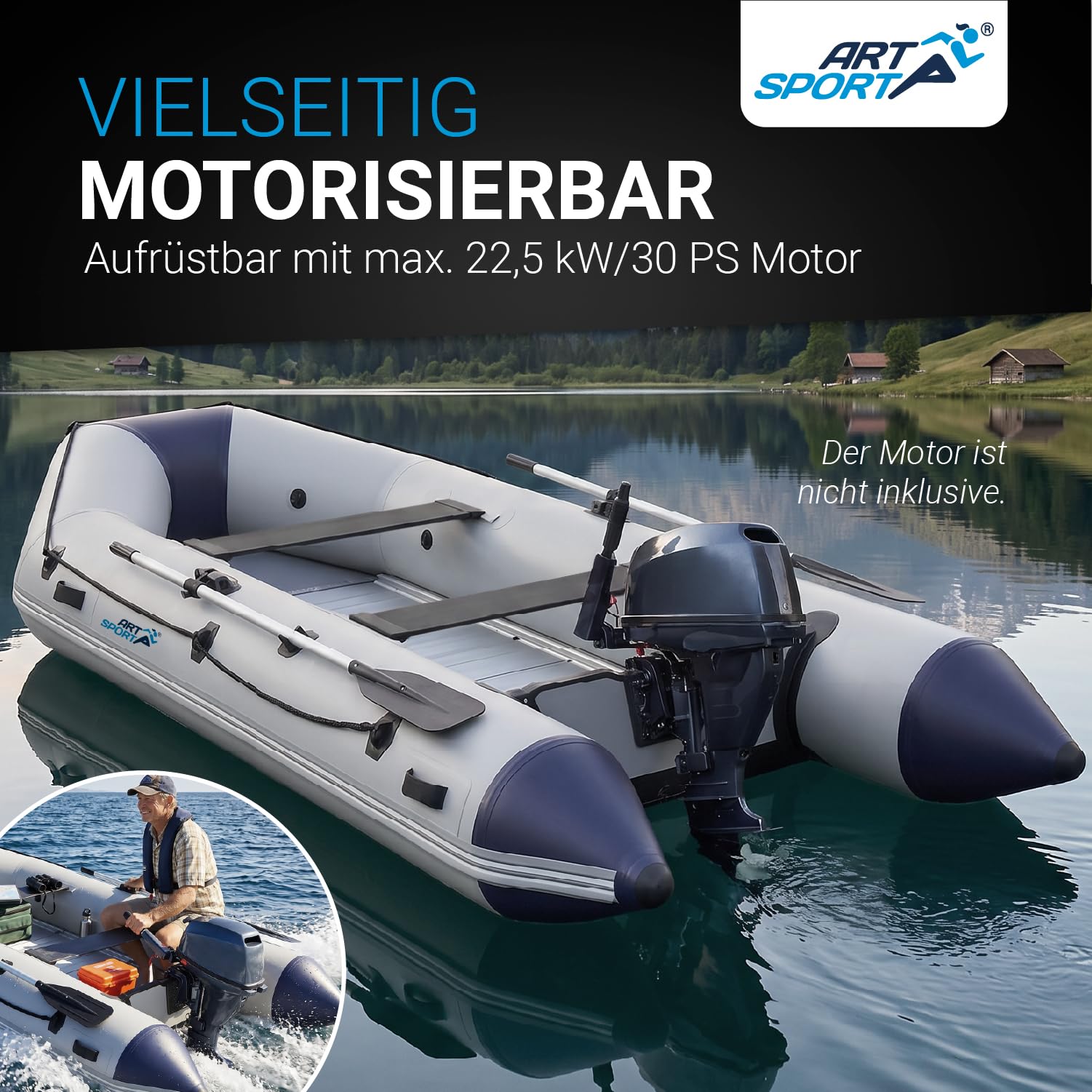 ArtSport Schlauchboot 3,80 m für 6 Personen mit 2 Sitzbänke & Aluboden - Paddelboot mit Paddel, Pumpe, Tasche & Reparaturset - Angelboot aufblasbar