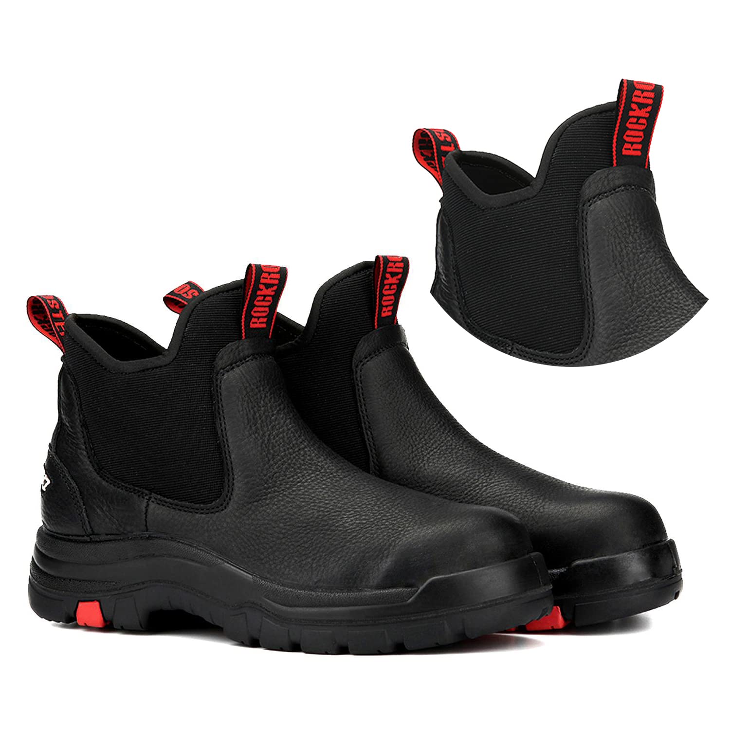 ROCKROOSTERBakken Men's Black 6 inch Chelsea Boots, EH Rated Waterproof Slip-on Work Boots AK303-Soft Toe, AK323-Steel Toe