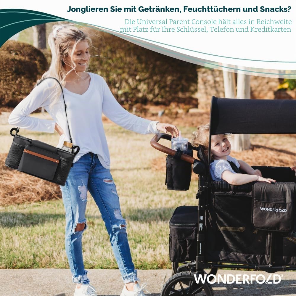 WONDERFOLD Kinderwagen-Organizer mit isolierten Getränkehaltern, Klettverschluss-Griffbefestigung, 2 Aufbewahrungstaschen und abnehmbarem Schultergurt für einfachen Transport