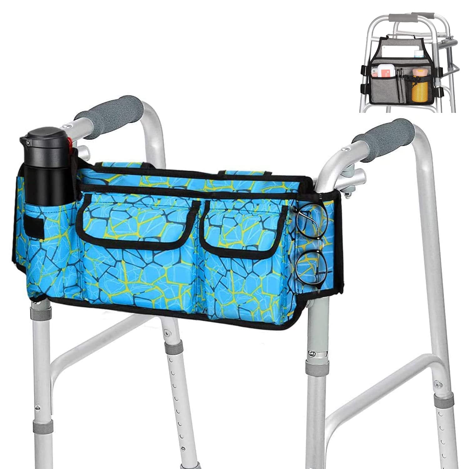 supregearWalker Bag and Side Walker Bag Bundle, Folding Walker Basket Organizer Pouch Tote with Multiple Pockets for Walker Rollator Scooters Wheelchair, Hook & Loop Design Storage Bag