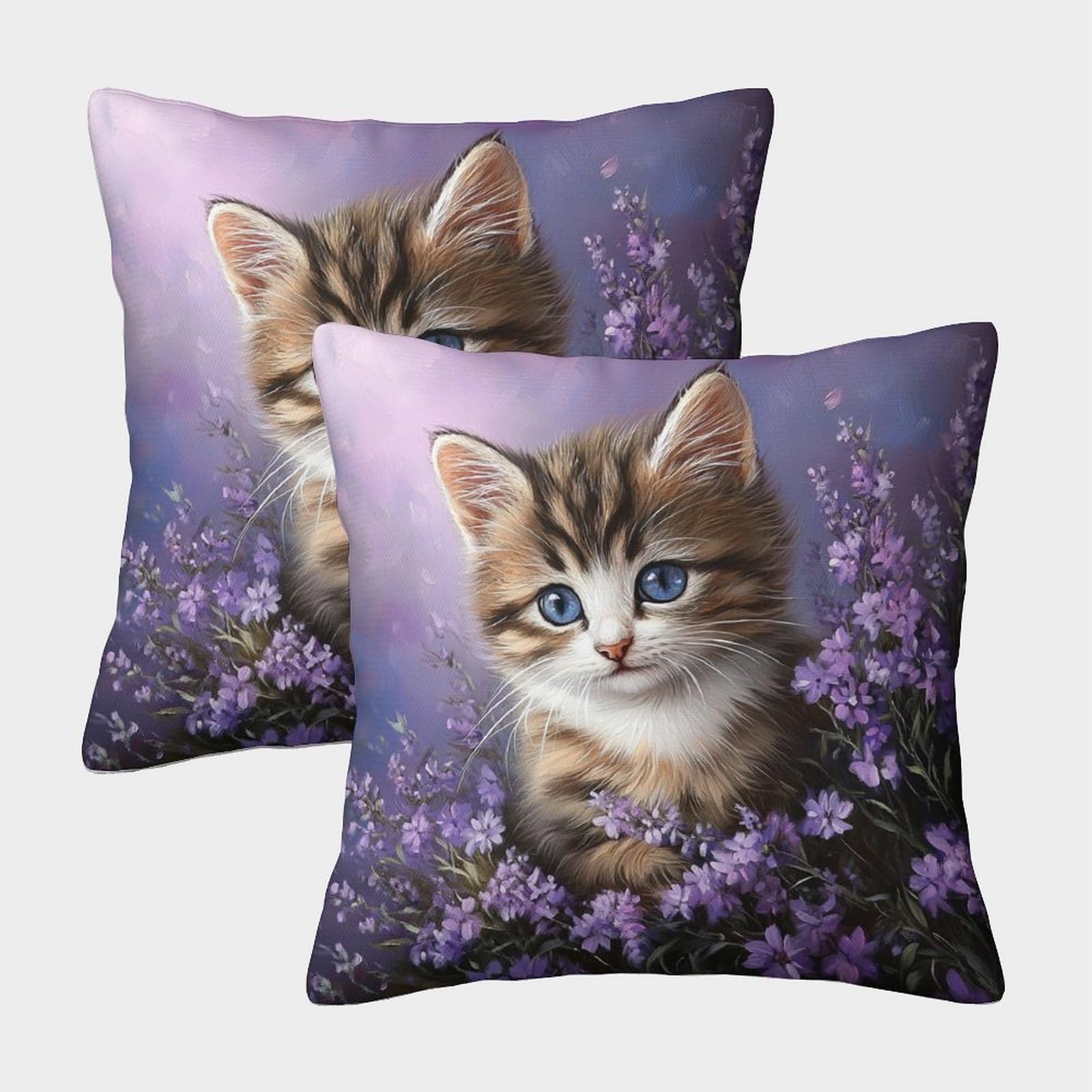 kaiyun 2 Pack Throw Pillowcase 50x50cmCute Kitten,Purple Flowers Pattern Cushion Cover Home Decoration