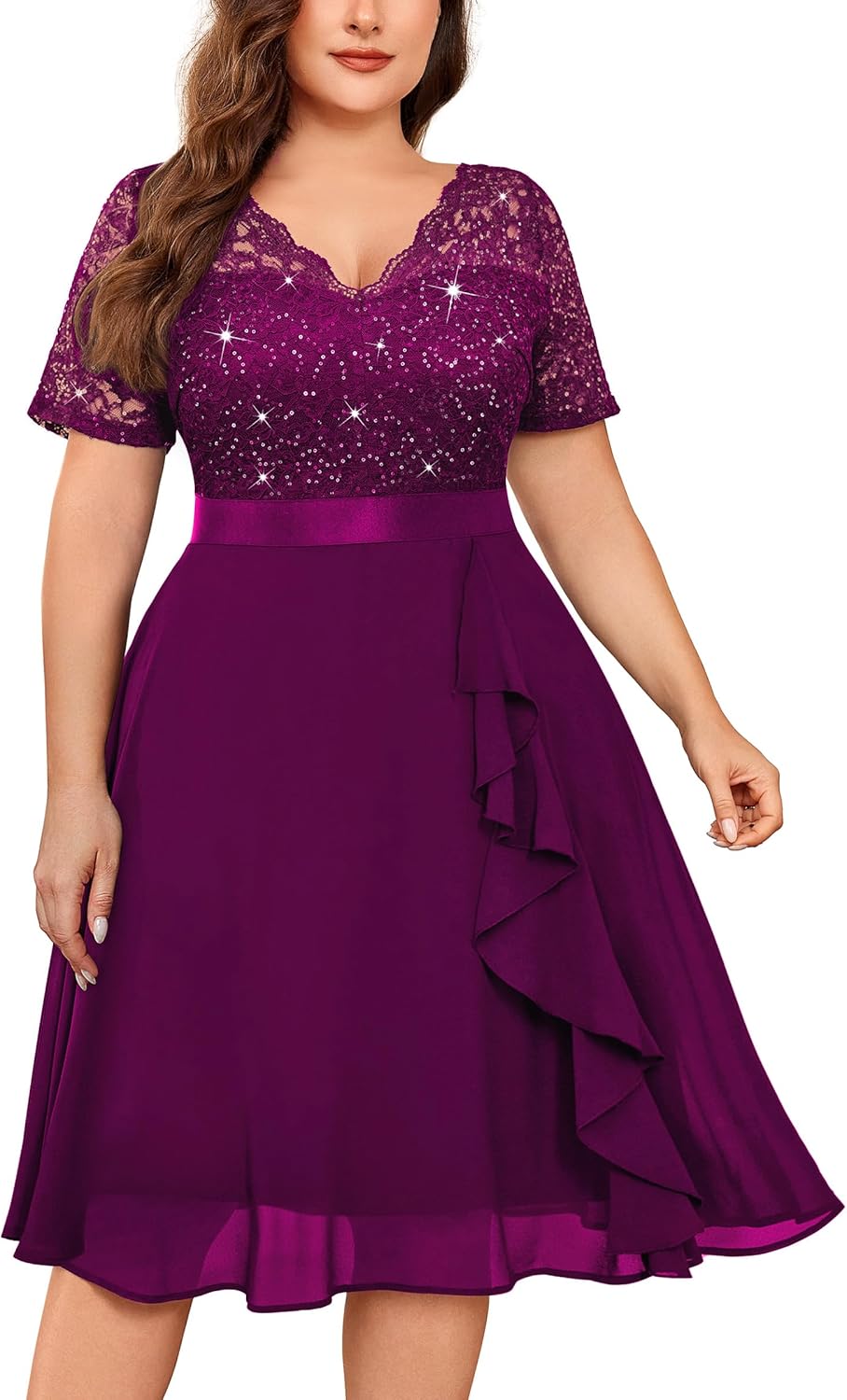 MISSMAY Women's Plus Size Sequins Lace Contrast Chiffon V Neck Flowy Cocktail Party Prom Midi Dress