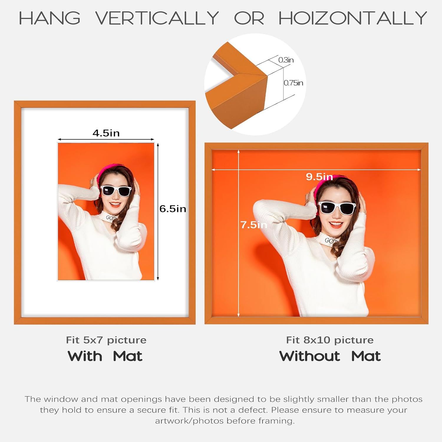 Golden State Art 2-Pack 8x10 Aluminum Picture Frames with 5x7 Mat - Orange Metal Photo Frames, Shatter-Resistant Plexiglass, Wall Mountable for Home & Office Decor, Horizontal or Vertical Display