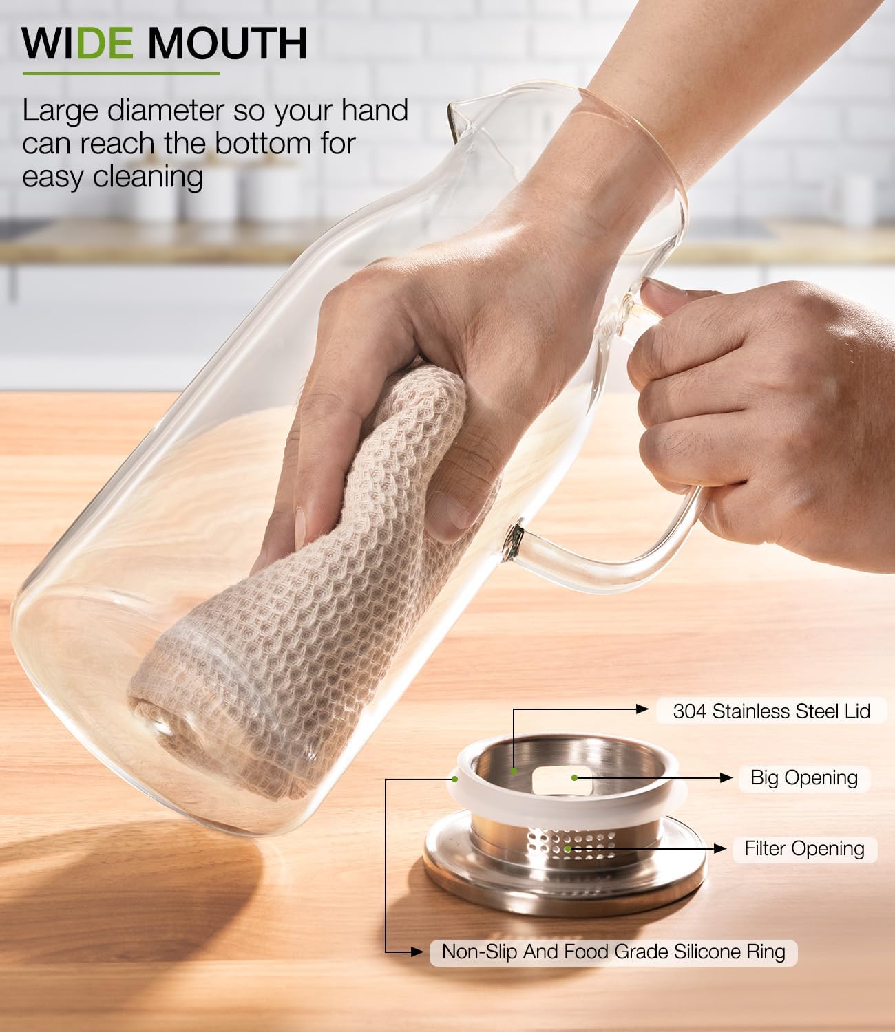 LUNA&MANTHA Glass Pitcher, 2 Liter 68oz Water Pitcher with Lid and Spout, Large Ice Tea Jug for Fridge, Thick Drink Jug with Handle for Juice, Coffee, Borosilicate Glass Carafe Hot/Cold Beverage - Image 3