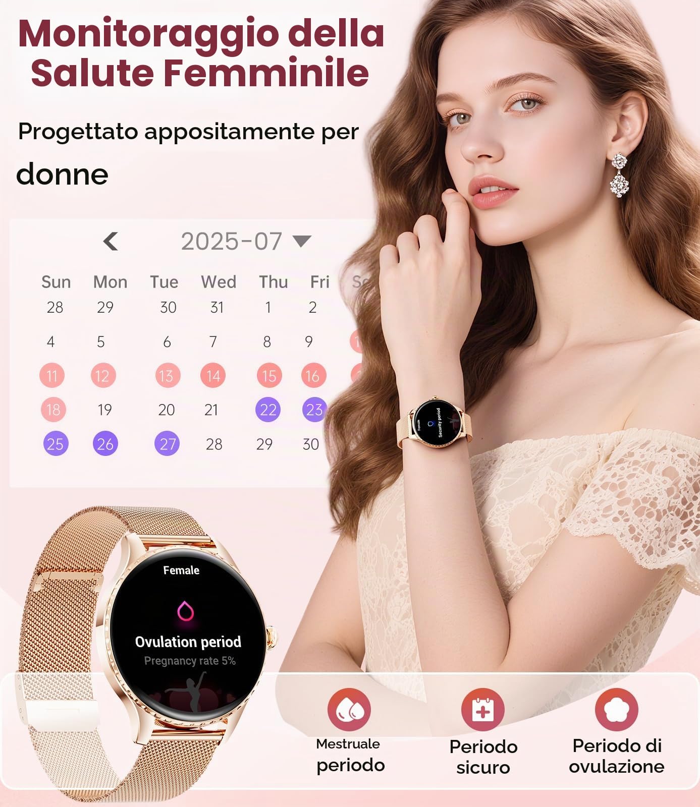 Smartwatch Donna Sottile 7,99 mm con Chiamate, 1.32" AMOLED Orologio Fitness con Ciclo Mestruale/Sonno/Frequenza Cardiaca per Android/iOS, IP68 Impermeabile, 270+ Quadranti, Oro Rosa