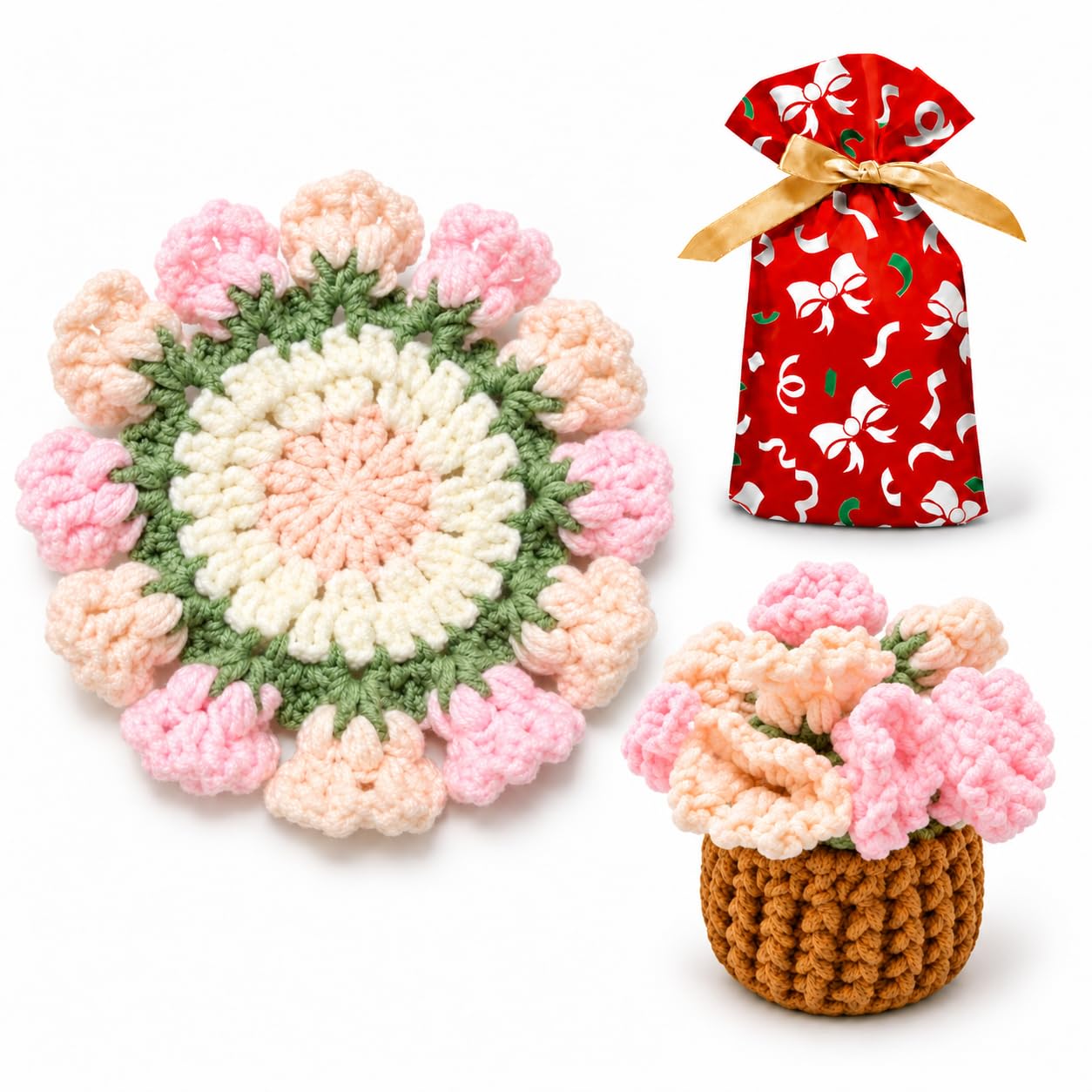 Crochet Flower Coasters with Holder, Cute Pink Desk Accessories for Gifts