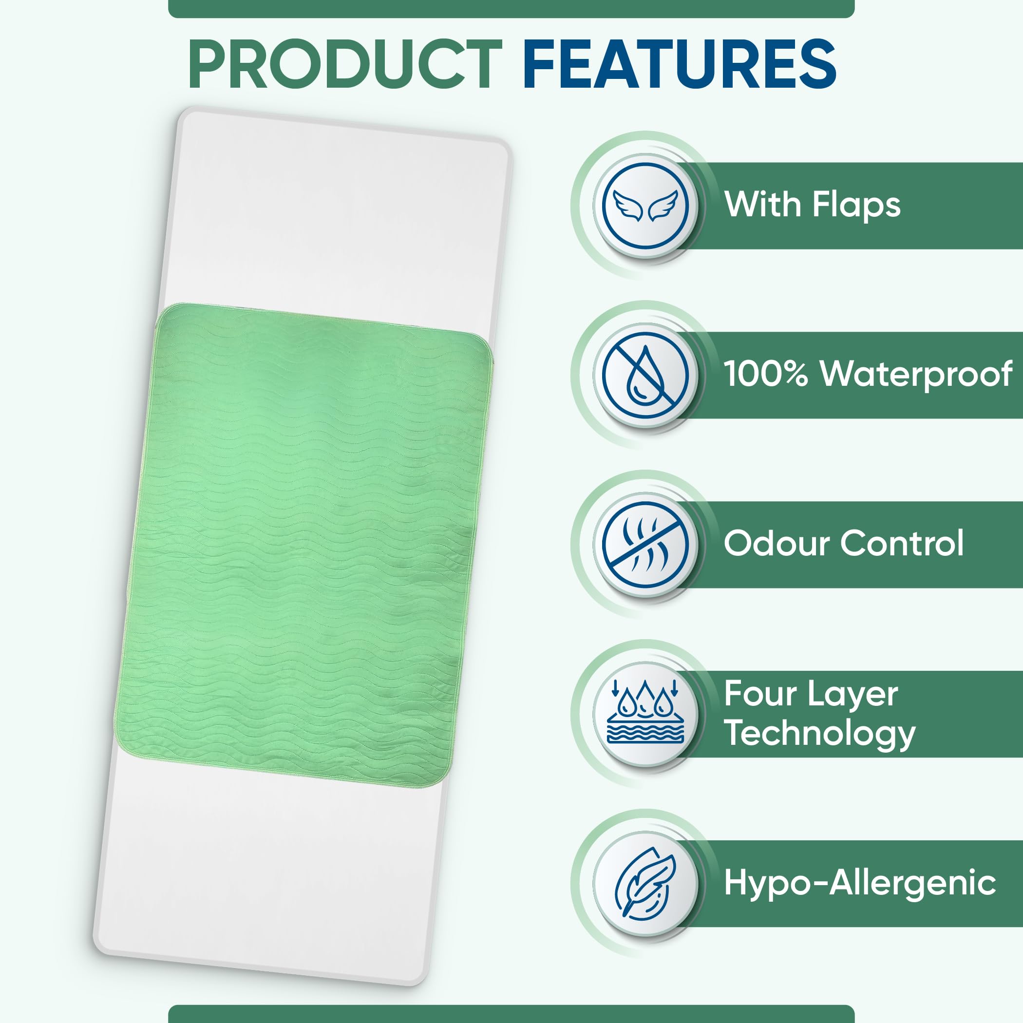 4 X Washable Incontinence Bed Pads | 85 X 115 Cm | Incontinence Bed Sheets | Suitable For Double Bed | With Tucks & Colour Green | Absorbent Pads | (85x115 Cm