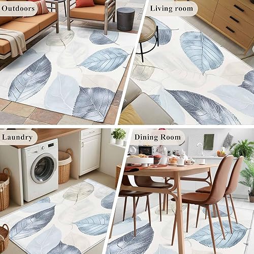 Miniatura 6 de 3x5 Area Rugs, Blue Green Retro Leaves Non-Skid Rubber Backing Large Rectangle Rugs - Living Room Bedroom Home Office, Rustic Botanical Watercolor